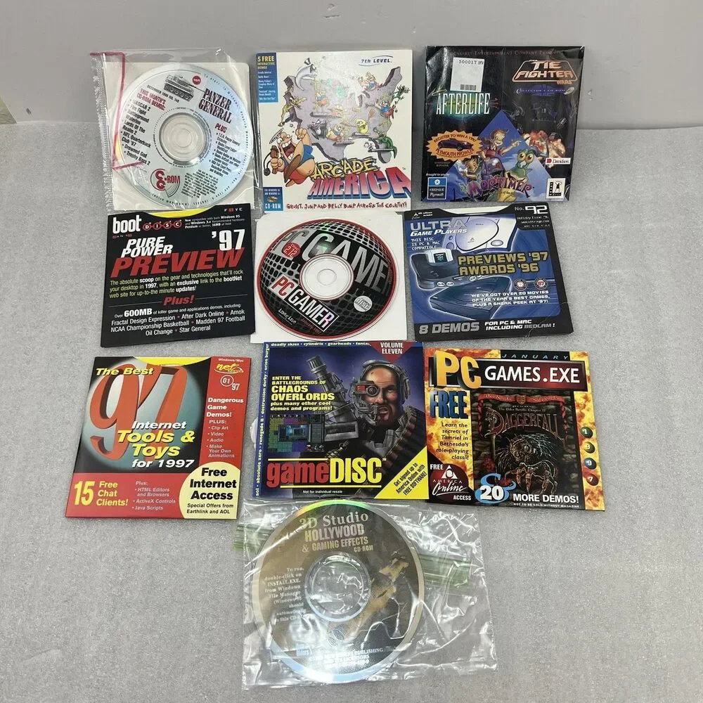 10 Vtg 90s Demos PC Gamer Disc Retro LucasArts TIE Fighter Windows 95 Software